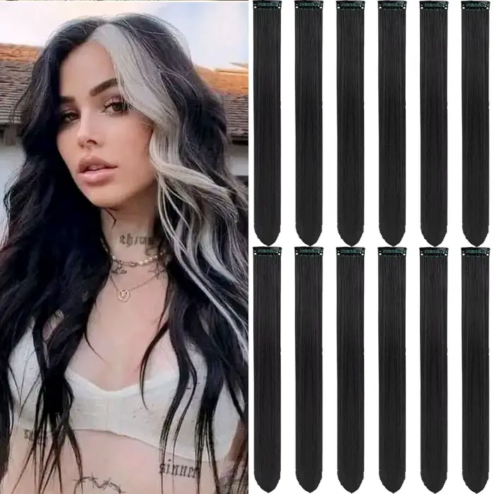 Extensions capillaires synthétiques noires longues et lisses, 12 pièces, postiches colorées à reflet