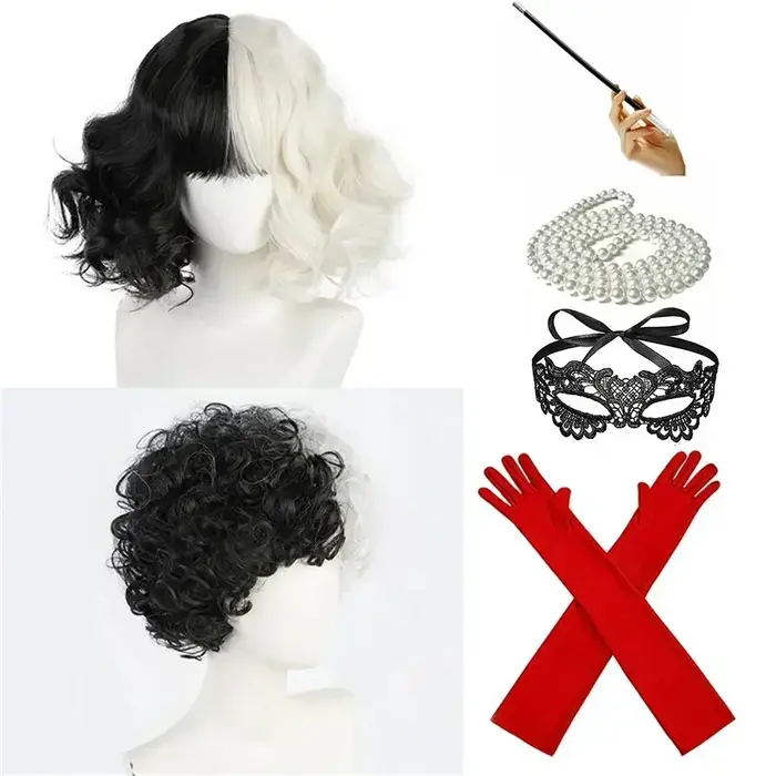 CRUELLA Deville De Vil noir blanc avec frange courte Bob résistant à la chaleur perruque De cheveux Cosplay Halloween