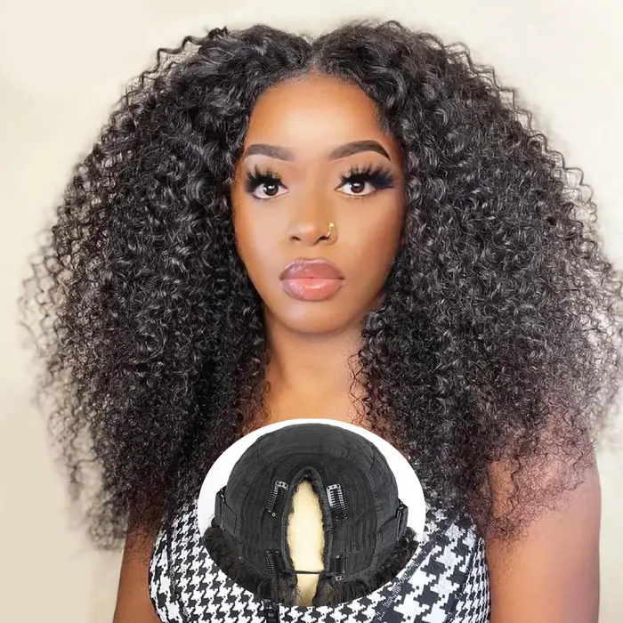 Perruque V-Part Deep Wave 40 pouces en cheveux humains, sans colle, densité 200, bouclée crépue, san