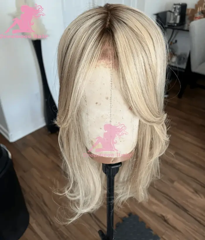 Perruques de cheveux humains avant de dentelle avec frange pré plumé délié cendré blond platine raci