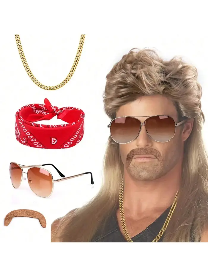 Perruque mulet des années 80 et 90, accessoires de tenue pour hommes, perruques synthétiques blondes résistantes à la chaleur pour hommes, perruque lunettes de soleil, collier foulard