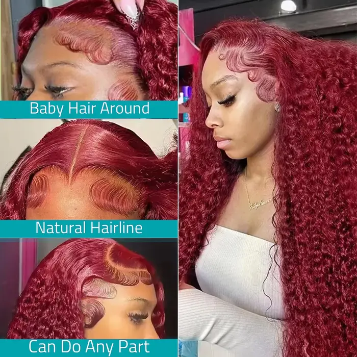 Perruque Lace Frontal Wig naturelle bouclée, cheveux humains, Deep Wave 99J, bordeaux, 13x4, HD, vin