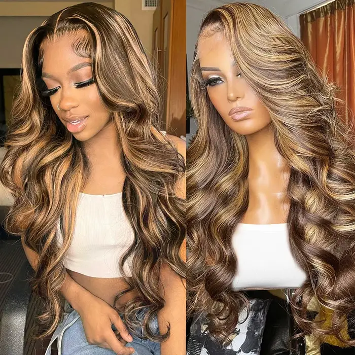 Perruque Lace Front Wig Body Wave Naturelle Remy Sans Colle, Cheveux Humains, Balayage Blond Brun Om
