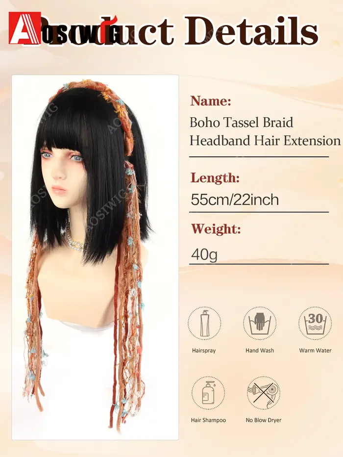 Extensions de cheveux synthétiques tressées à pampilles style bohème, couleur Maillard vintage, avec bandeau, pour femmes, accessoires capillaires pour festivals et vacances