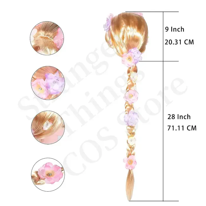 Perruque de princesse Raiponce super longue avec fleurs - Perruques synthétiques blondes tressées pour filles pour
