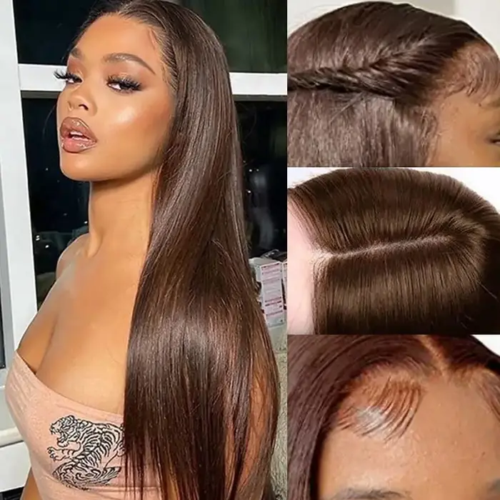 ISEE Hair # Perruque droite marron chocolat 4 Wear And Go, 7x5, en dentelle transparente, sans colle