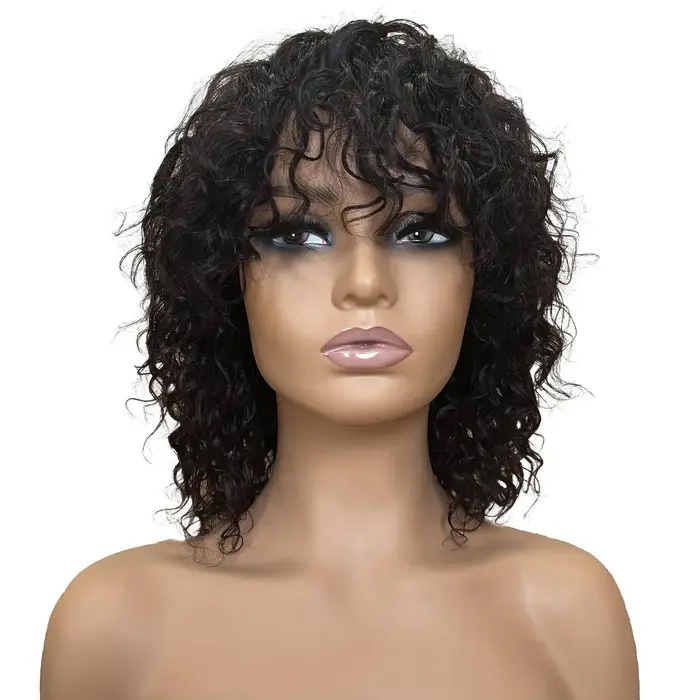 Perruque courte bouclée Jerry Curly Pixie Bob, entièrement fabriquée à la machine, avec frange, adap