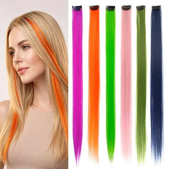 Extensions de cheveux colorées synthétiques 22 pouces lisses orange vert à clipser