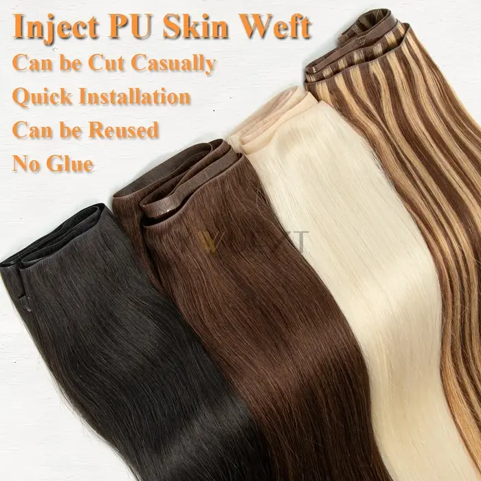 Faisceaux de cheveux de trame de peau en PU injectés, ruban long invisible, vrais cheveux naturels, 