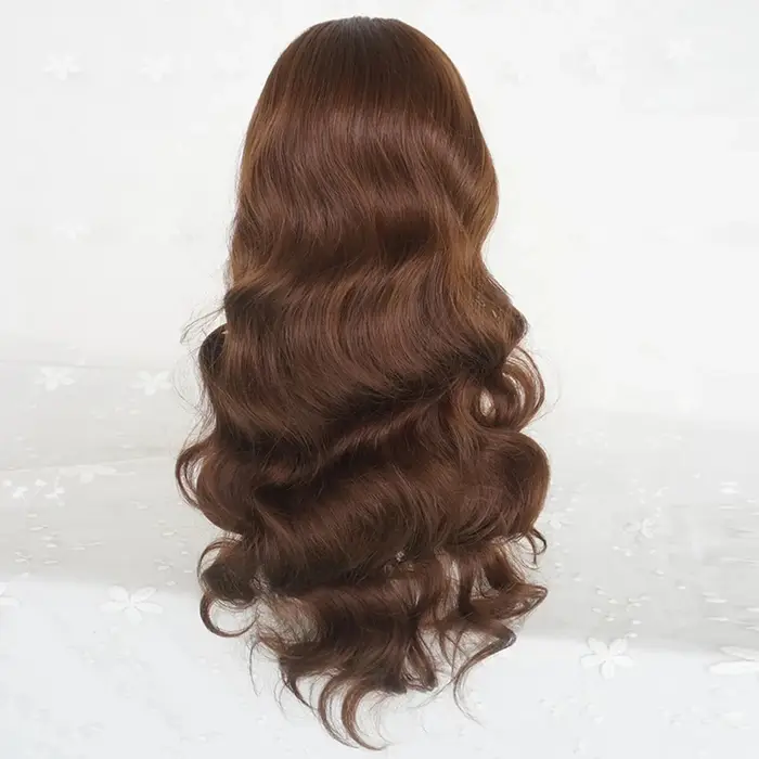 Perruque synthétique longue bouclée ondulée châtain brun avec frange pour femme, style gothique Lolita et usage quotidien, cheveux artificiels réalistes