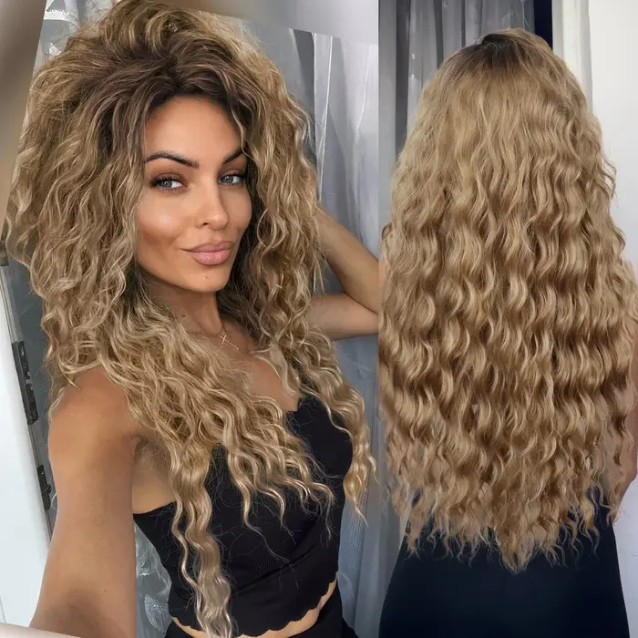 GNIMEGIL synthétique longue vague Cur perruques femme naturel marron perruque avec Clip partie libre côté frange 80s