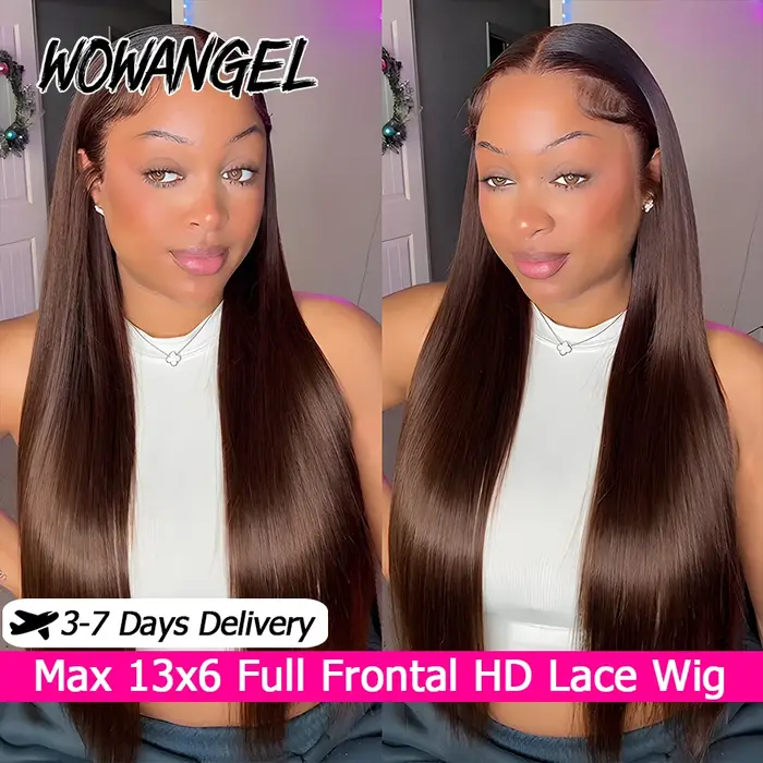 WOWANGEL Perruques en cheveux humains lisses brun chocolat, Lace Frontale Complète HD 13x6, Pré-épil