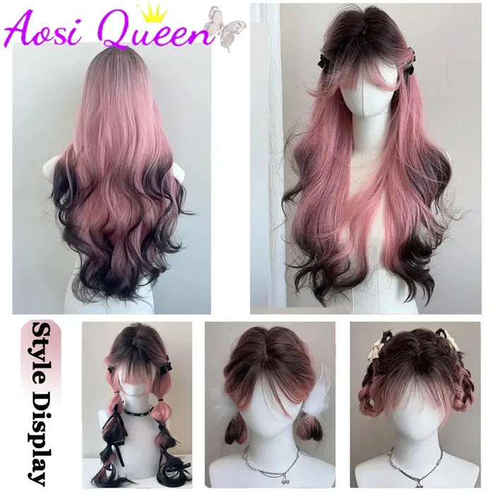 AosiQueen – perruques synthétiques ombrées noires et roses pour Cosplay, perruques longues et ondulé