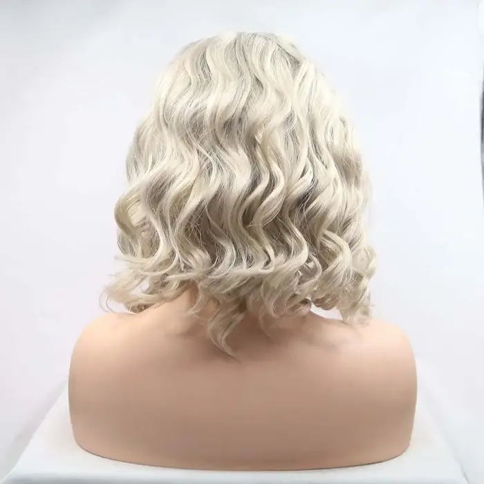 Perruque courte bouclée synthétique blonde avec dentelle frontale