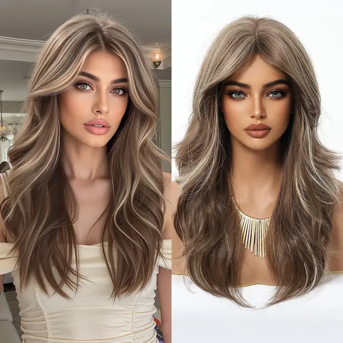 Perruque de cheveux humains mi-longs pour femmes, avec reflets bruns naturels ombrés, perruque synth