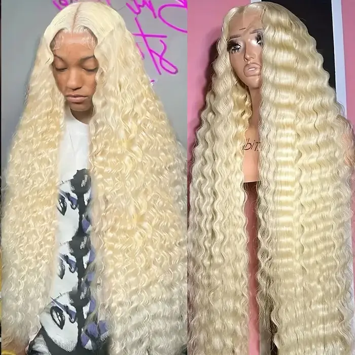 Perruques de 38 pouces en cheveux humains blonds, Lace Front Deep Wave 613 Blonde, dentelle HD 13x6,