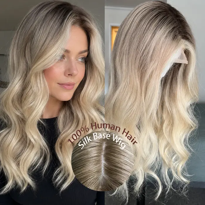 Perruque médicale blonde ombrée pour femmes avec cheveux européens vierges, dessus en soie, bords en