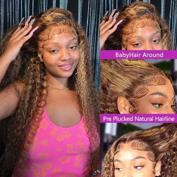 Perruque Lace Frontal Wig sans colle bouclée 360, cheveux naturels, cordon Invisible, 13x6 Hd, P4/27