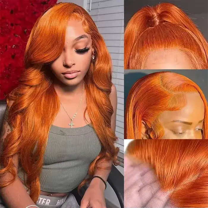 30 34 pouces gingembre Orange 13x6 dentelle avant perruques cheveux humains sans colle couleur vague