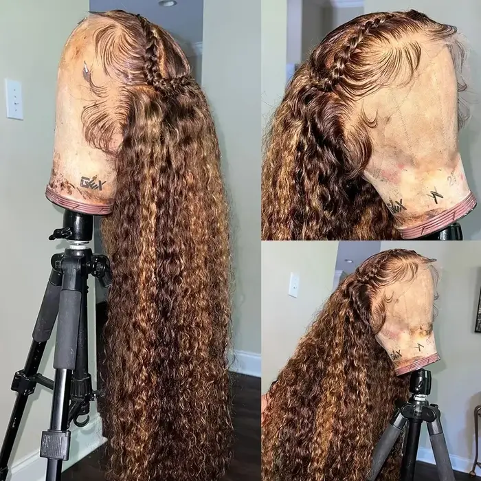 4/27 32 pouces mettre en évidence miel brun bouclés dentelle avant perruques de cheveux humains 13x6
