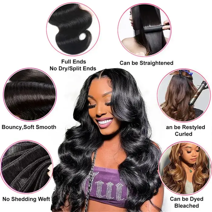 Extensions de cheveux humains Body Wave, noirs naturels, brésiliens, en lots de 1, 3 ou 4 pièces