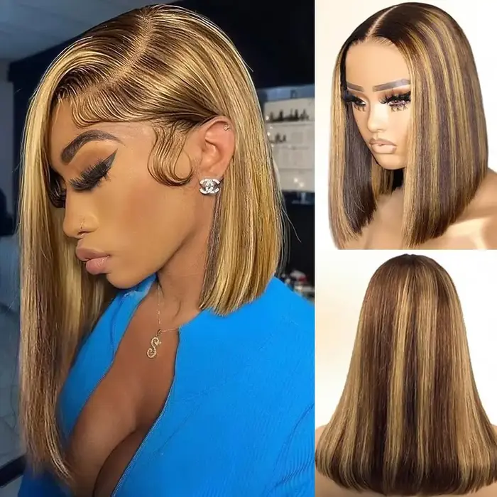 Perruque Bob Lace Front 13x4 en Cheveux Humains, Lisse, Blond Miel P4/27, Pré-épilée avec Baby Hair