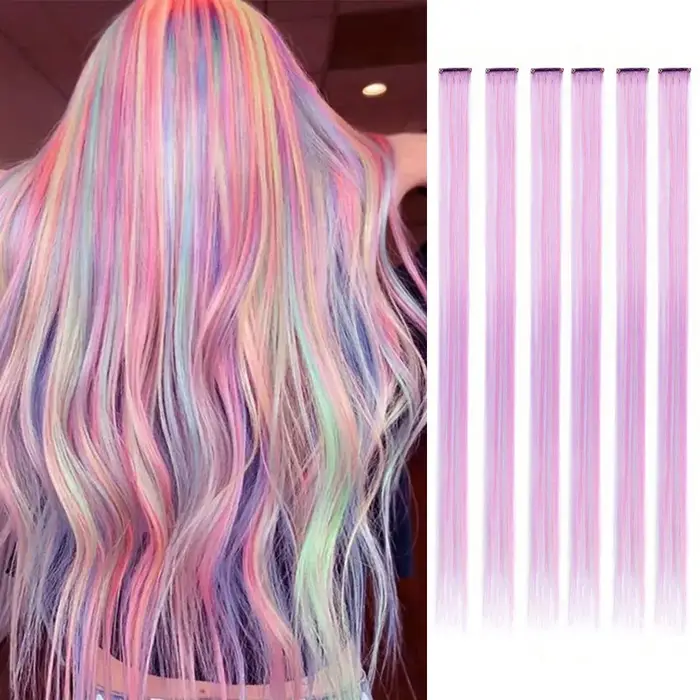 Extension capillaire synthétique à clipser, 6 pièces/paquet, couleur licorne arc-en-ciel rose bleu v
