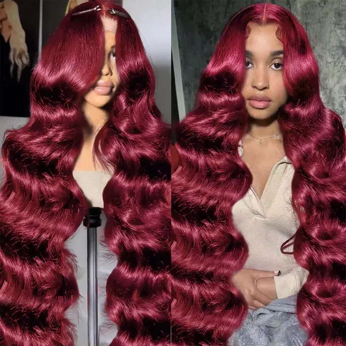 99j bordeaux 46 pouces vague de corps perruque de cheveux humains 13x6 HD dentelle frontale 200 dens