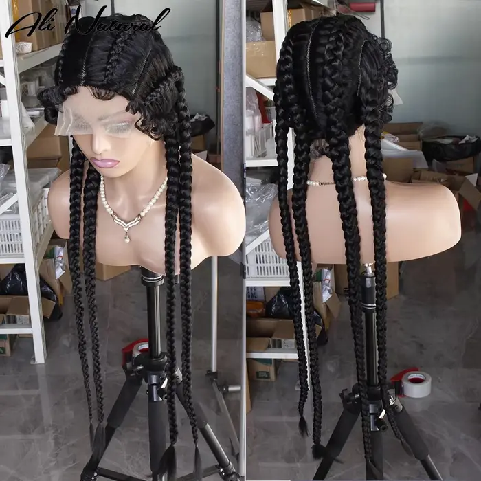 Perruque tressée bordeaux 4 tresses en dentelle, cheveux synthétiques pré-épilés, rouge 99j, perruque tressée avec dentelle supérieure 360