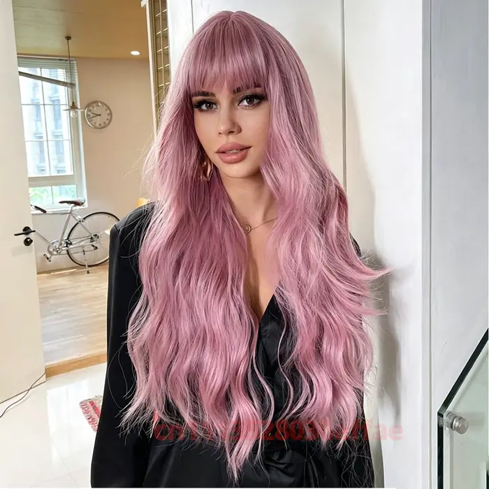 Perruque synthétique longue rose bouclée ondulée tendance avec frange