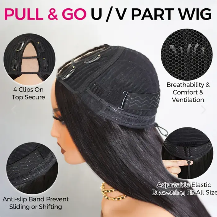 Perruque en cheveux humains lisses en forme de V