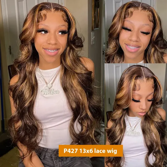 Perruque Lace Frontal Wig Body Wave naturelle, cheveux humains, 13x6 Hd, P427 1B30, noir, marron, bl