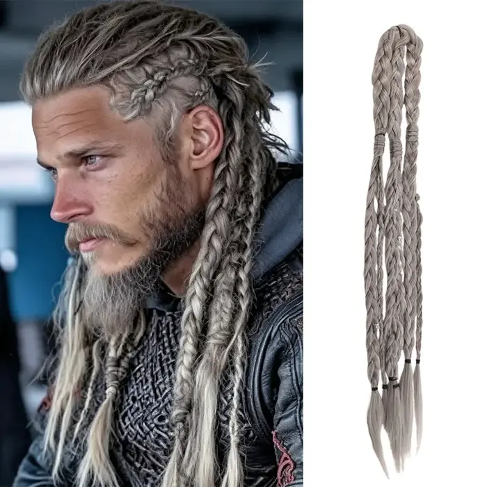 Extensions de cheveux tressés synthétiques pour hommes, style Viking, à clipser, pour cosplay, festi