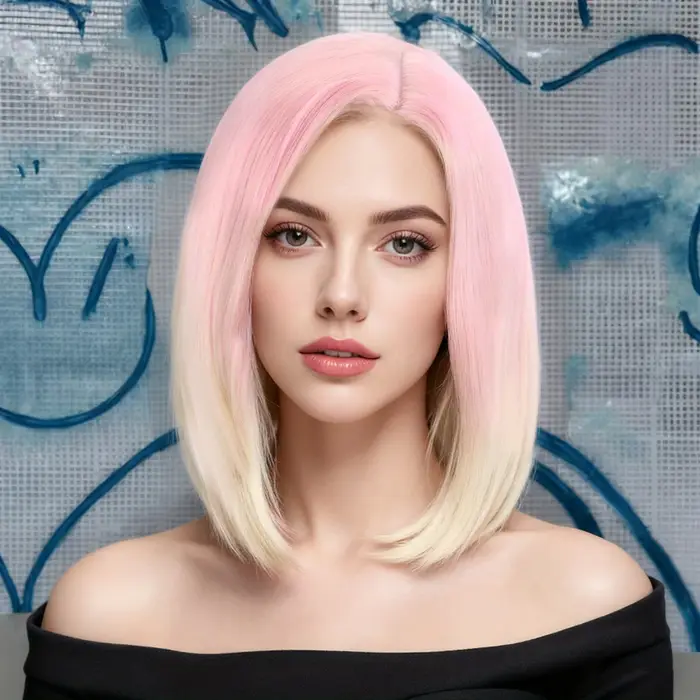 Perruque Bob Ombrée Rose à Blonde, Raie au Milieu, Style Superposé Bouclé vers l'Intérieur, Cheveux 