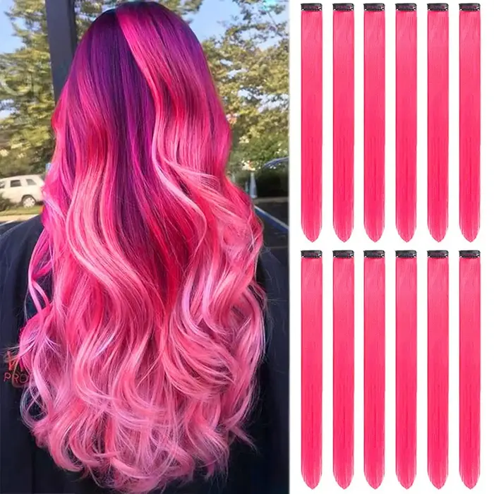 Extensions de cheveux rose vif à clipser, Extension de reflets de fête colorés pour enfants filles p