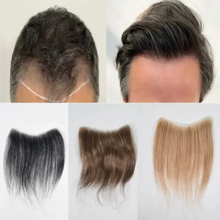 Perruque frontale pour hommes; Postiche frontale en PU pour hommes, cheveux humains haute densité, a