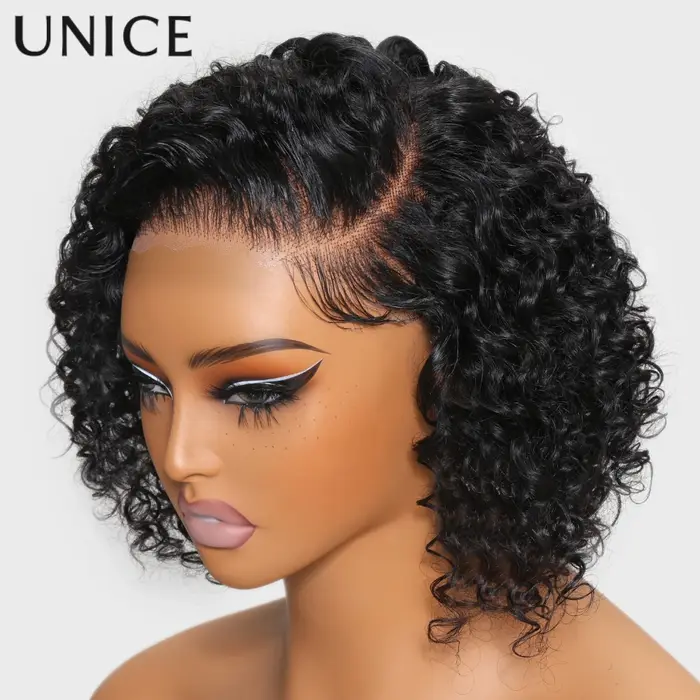 Perruque courte bouclée UNice en cheveux humains, coupe bob, 7x5, avec raie latérale, sans colle, pr