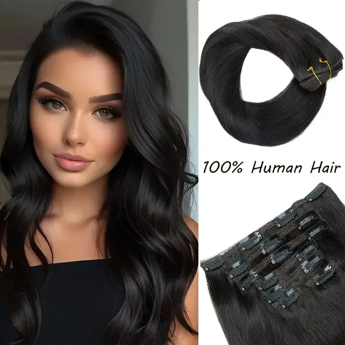 Extensions de cheveux humains à clipser, Double trame, Naturel, Noir, Marron, Extensions de cheveux 