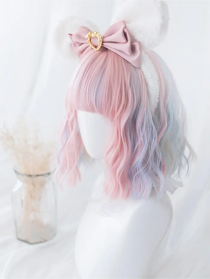 Perruques synthétiques Double couleur bleu rose de 12 pouces avec frange