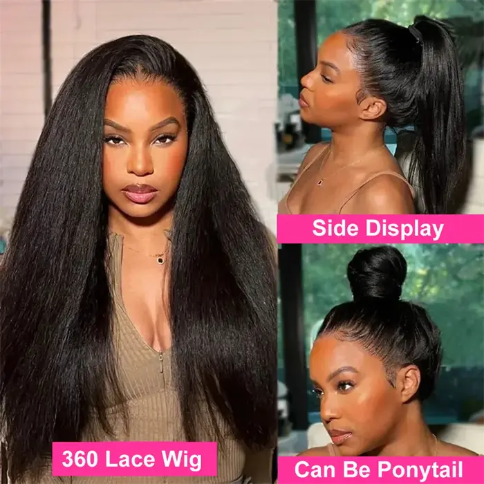 Perruque Lace Front sans colle Yaki Straight, Perruque Lace Frontal Closure 13x4 Kinky Straight, Per