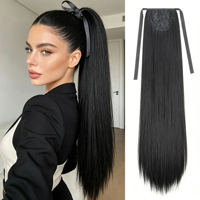 Extension de cheveux queue de cheval longue et droite avec attaches pour femmes, perruque synthétiqu