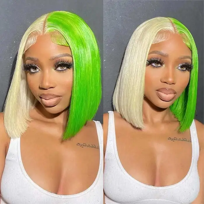 Perruque Bob Lace Front Wig 613 naturelle lisse, cheveux humains, coupe au carré, mi-vert, moitié blonde, 13x4, HD, 180%