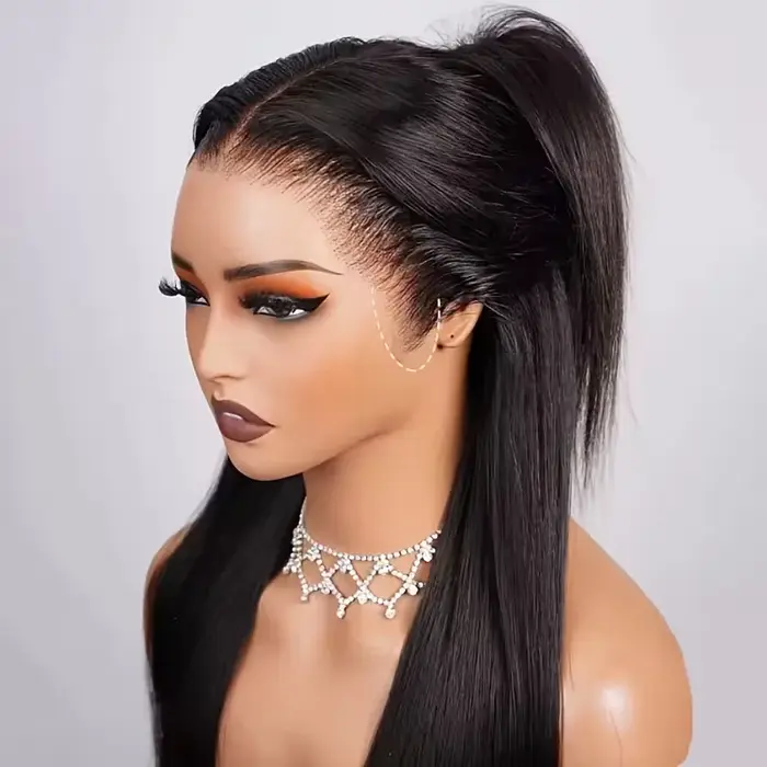 Perruque Lace Wig 360 Full Hd, cheveux naturels lisses, sans colle, avec cordon de serrage Invisible