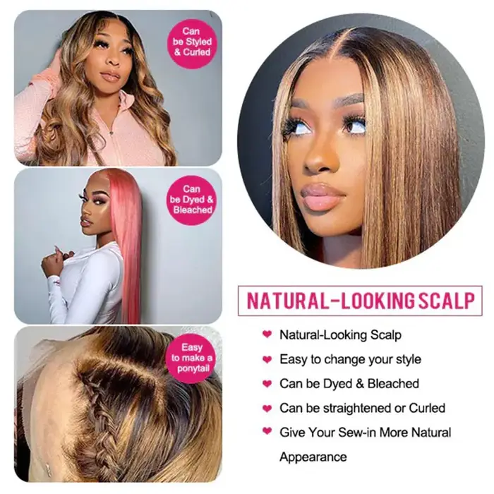 Perruque Lace Front Wig brésilienne naturelle, cheveux lisses, blond miel, 13x6, à reflets, pour femmes
