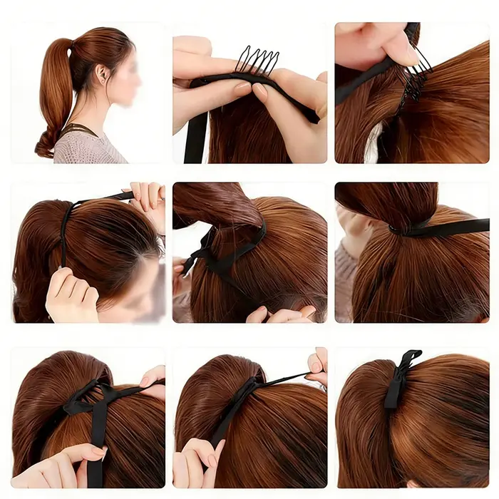 Perruque synthétique pour femme (18-34 pouces) Cheveux longs et raides avec accessoire de coiffure style queue de cheval à enrouler et à clipser
