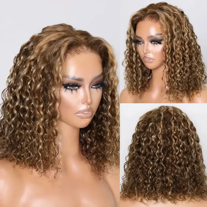 # 4/27 mettre en évidence la perruque sans colle cheveux humains vague profonde BOB perruque prêt à 