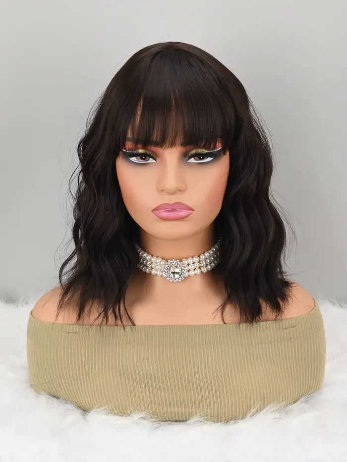 Perruque Bob ondulée bouclée synthétique marron naturel avec frange pour femme