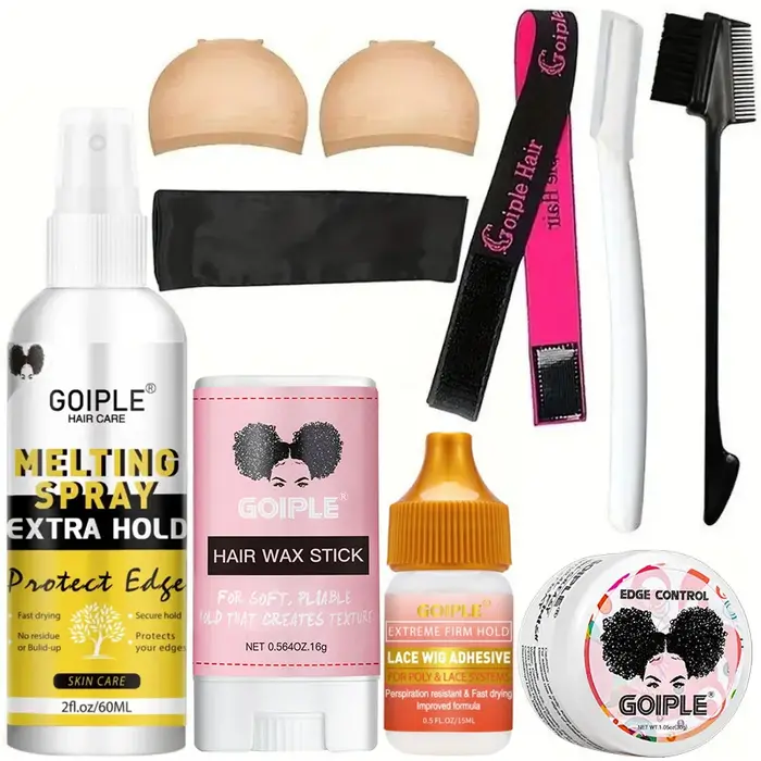 GOIPLE Colle adhésive imperméable pour perruque, spray de fixation extra forte, avec bâton de cire capillaire et gel de contrôle des bords, kit d'installation de perruque