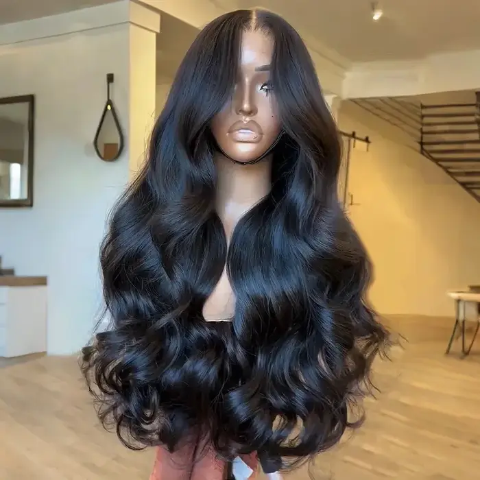 Perruque synthétique Lace Frontal 2026, ondulations lâches noires, 13x4 HD, sans colle, avec nœuds d