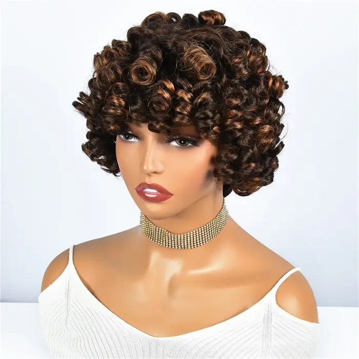 Hairugo-Perruque de Cheveux Humains Bouclés Coupe Pixie à Reflets